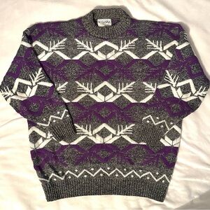Vintage Rosanna Nordic Snowflake Sweater Mens XL mock neck purple gray USA